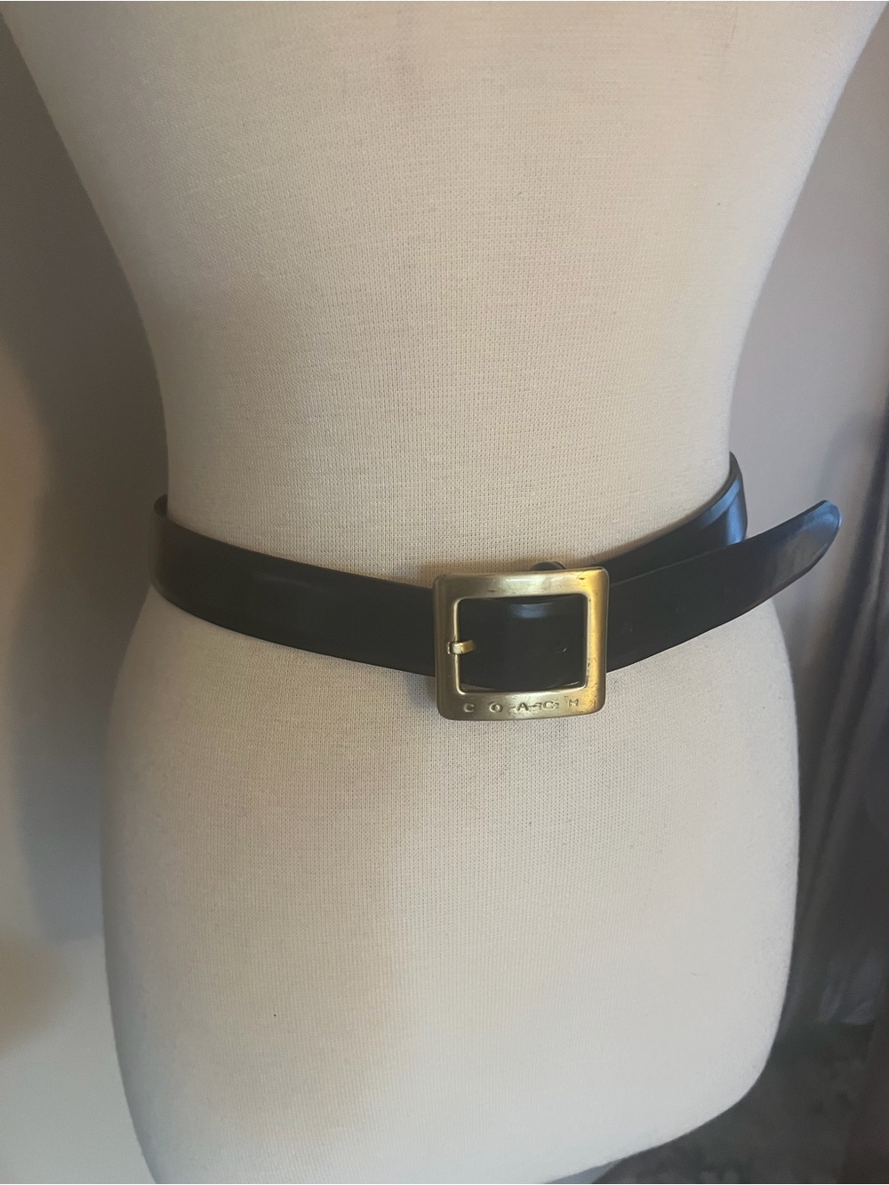 Coach Black Leather Belt with Branded Square Brushed Gold-Tone Buckle